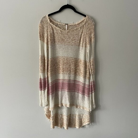 Free People Striped Distressed Knit High Low Hem Mini Sweater Tunic Cream Small - Picture 2 of 8